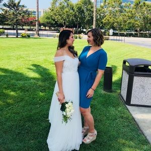 WHBM London blue/teal faux wrap jersey dress